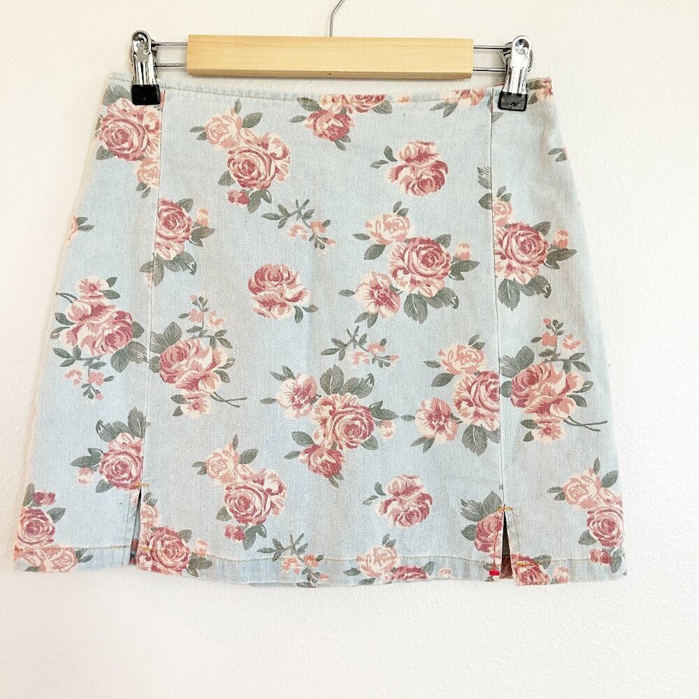 NWT Cider Skirt M Blue Denim Mini Pink Floral Roses Feminine Cottagecore